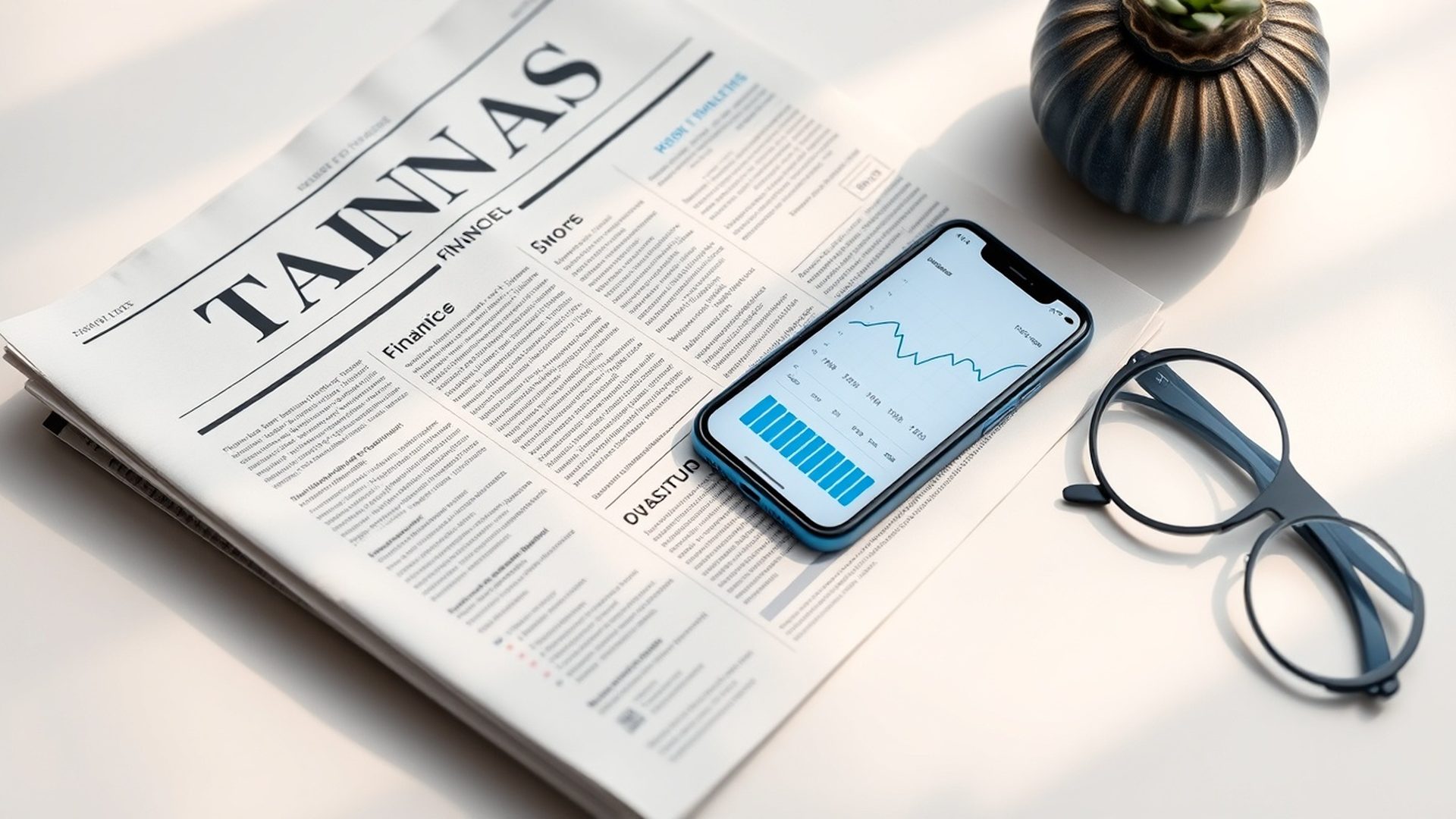 Editoriální zátiší finančních novin, smartphonu s grafem a azurových detailů na světlém stole